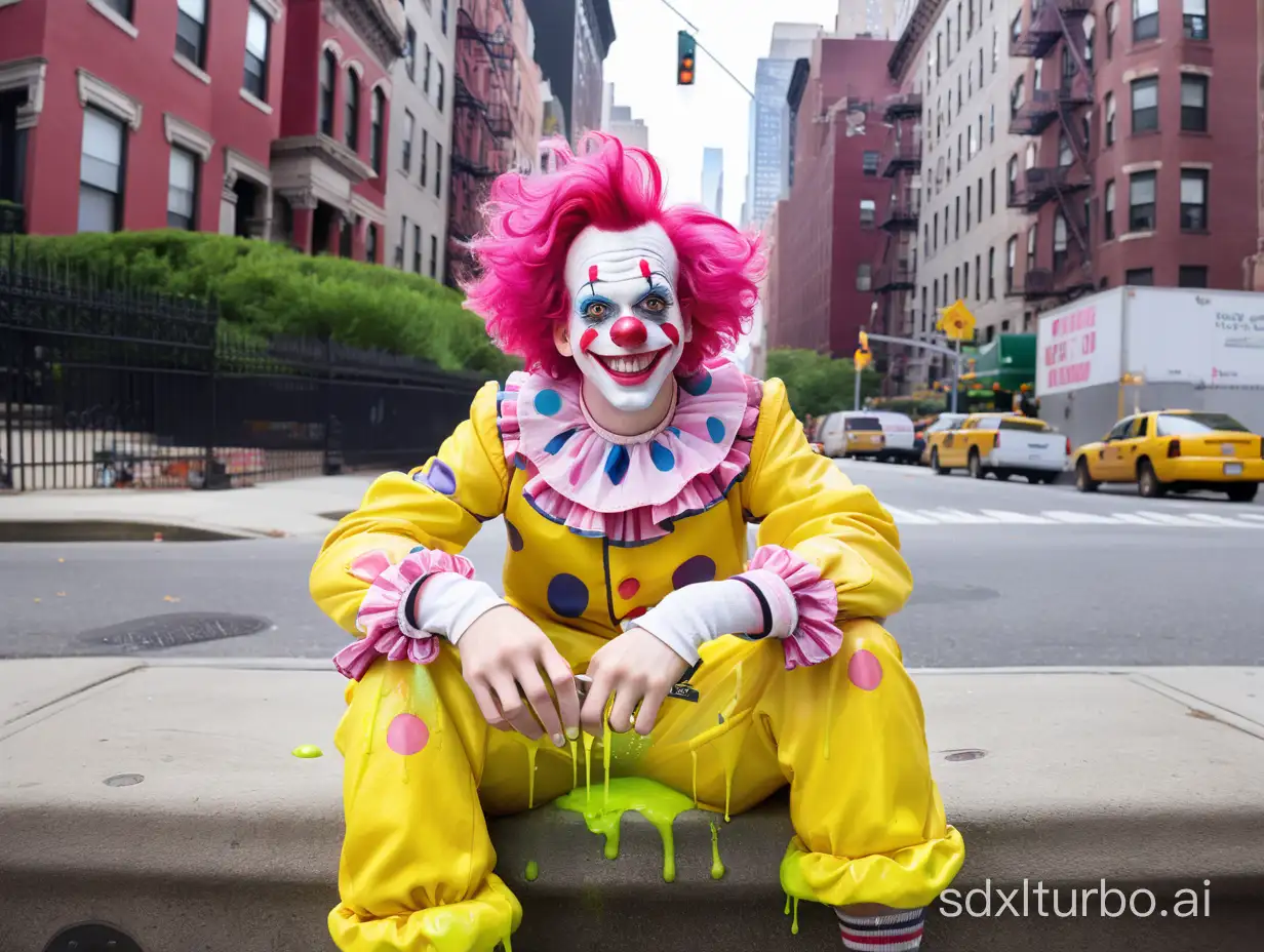 a clown with pink hair grinning into the camera, sitting on a curb with new york city house in the background, yellow slime dripping from the walls