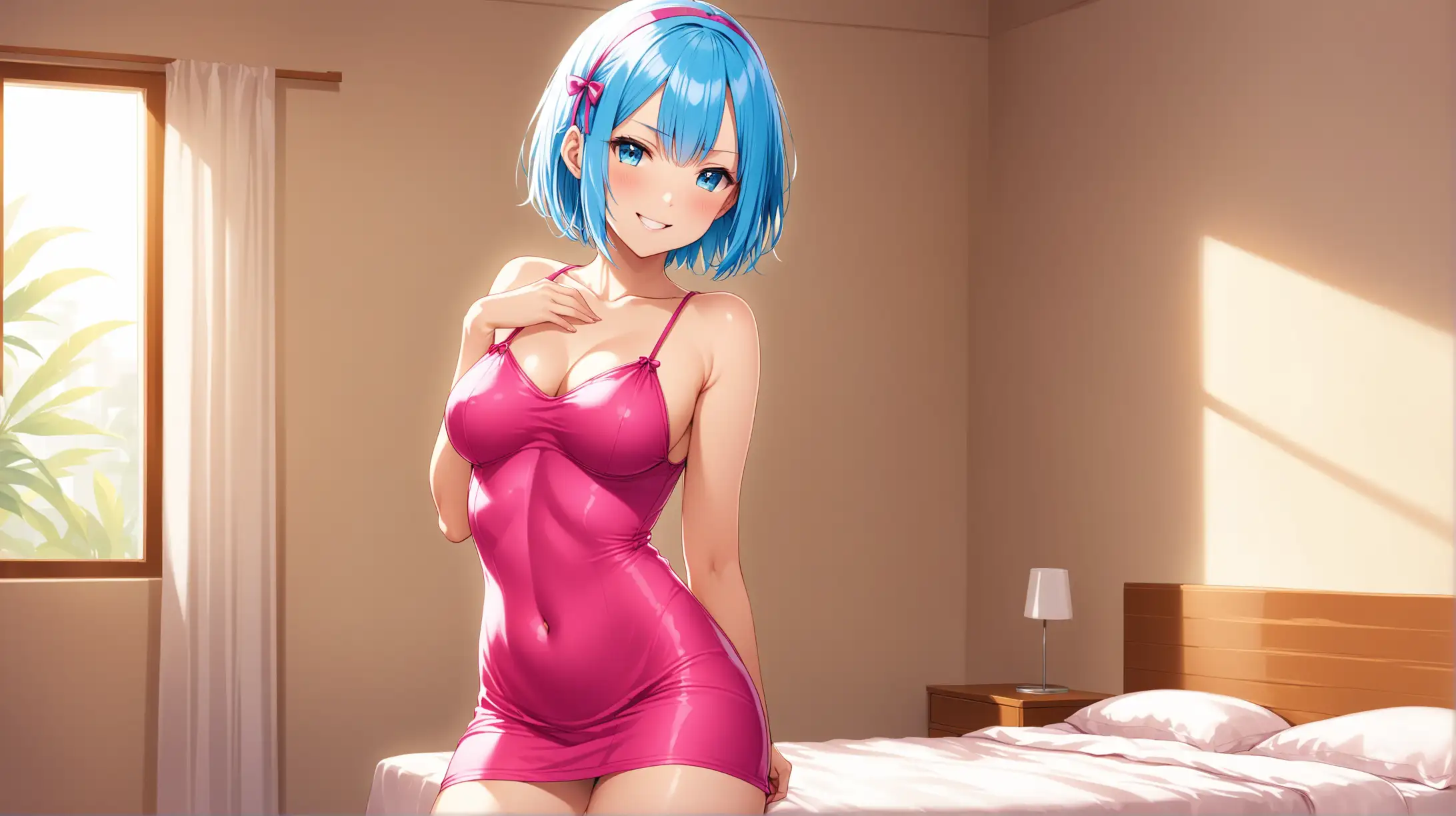 Draw the character Rem, high quality, natural lighting, long shot, indoors, bedroom, seductive pose, colorful minidress, erotic, smiling at the viewer