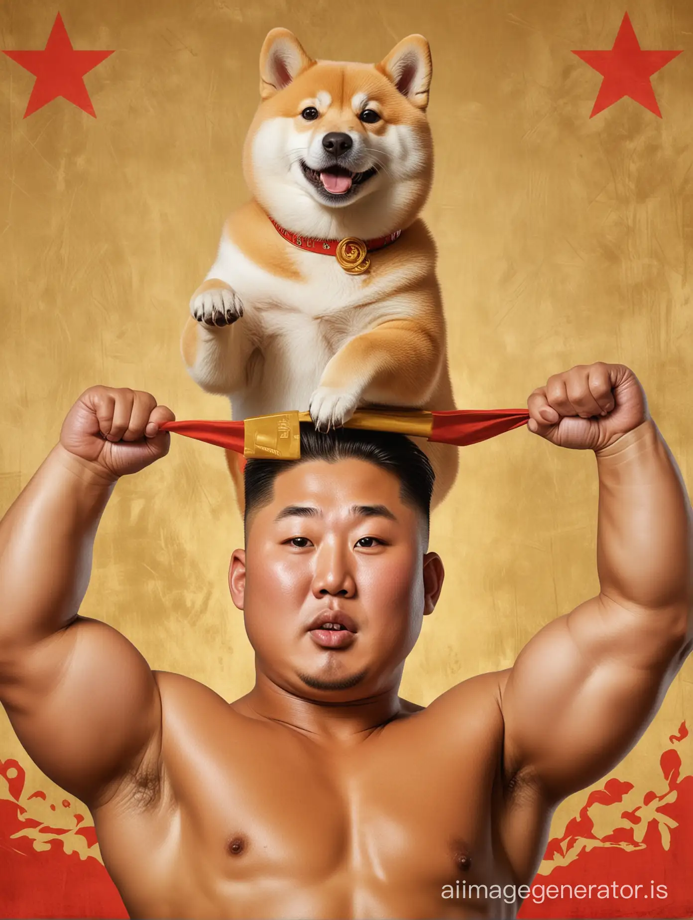 Portrait of Kim jong un as a bodybuilder lifting a solid gold Shiba Inu above his head in the style of a vintage North Korean communist propaganda poster