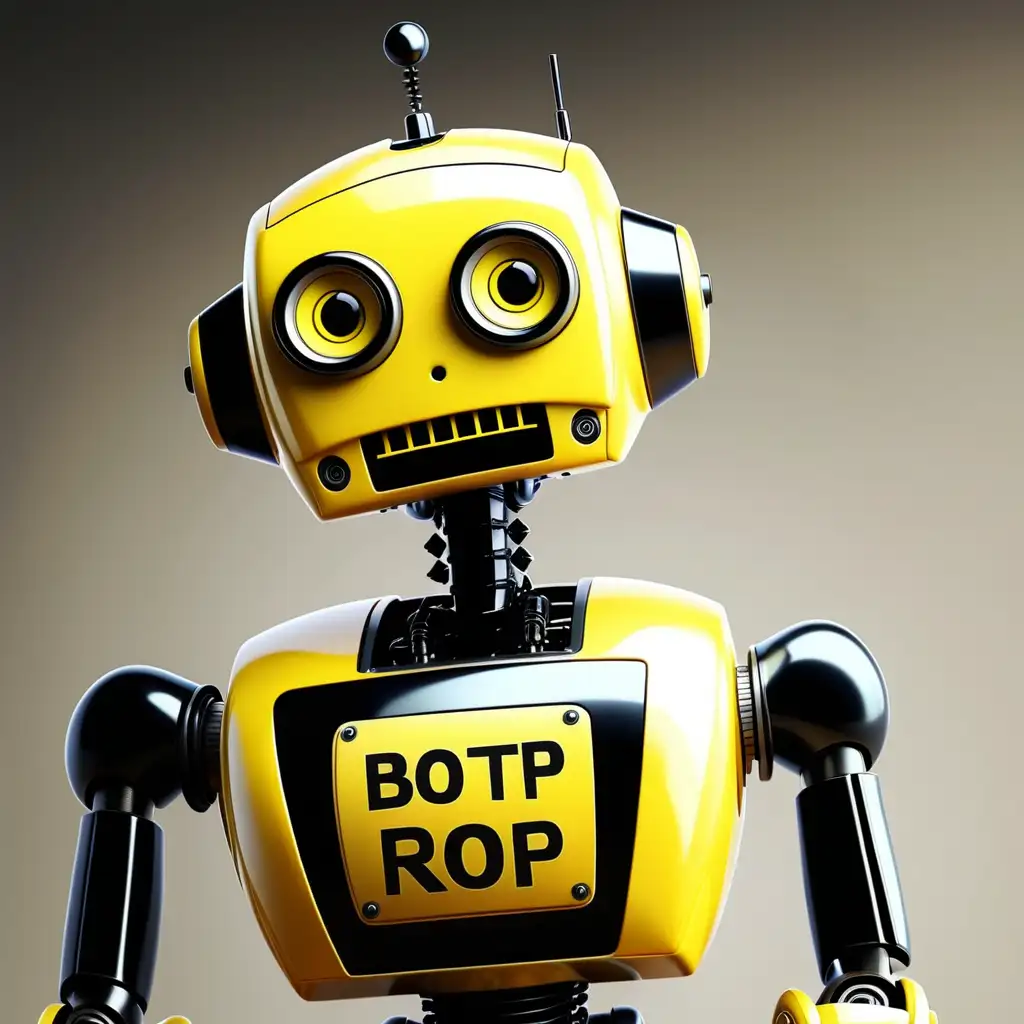 Жълто черно робот и надпис на робота  'BOTP'
