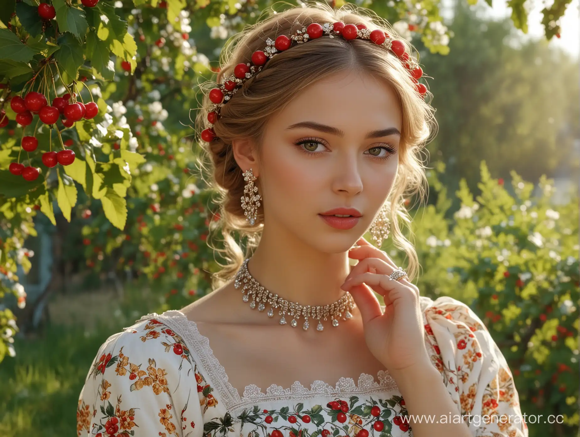 Russian-Girl-in-Floral-Sundress-with-Kokoshnik-and-Jewelry-in-Cherry-Orchard