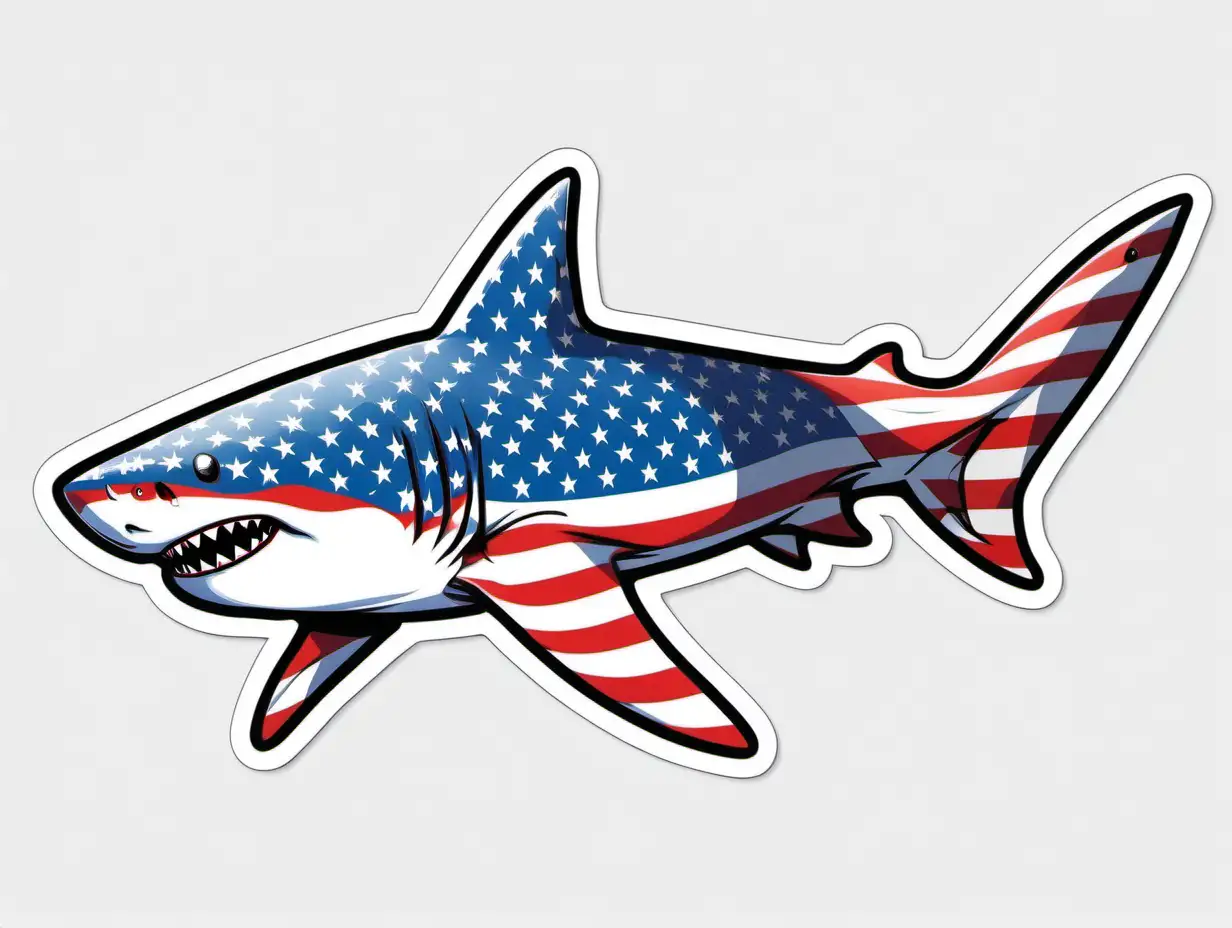 American Flag Shark, Sticker, Playful, Primary Color, light art style, Contour, Vector, White Background, Detailed
