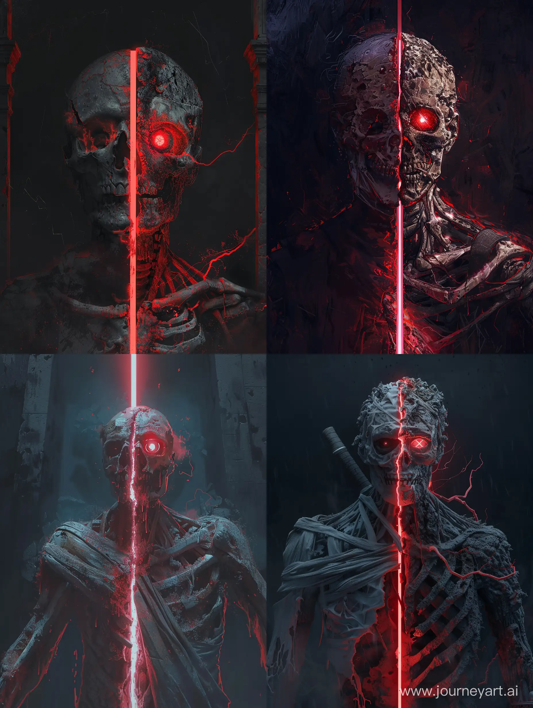 The deadly, immortal guardian of the necropolis is tirelessly vigilant in guarding the citadel, destroying anyone who dares venture so far from the world of the living. He is composed of the substance of decayed remains, split in half, his eyes glowing with a blood-red neon light in the darkness. 