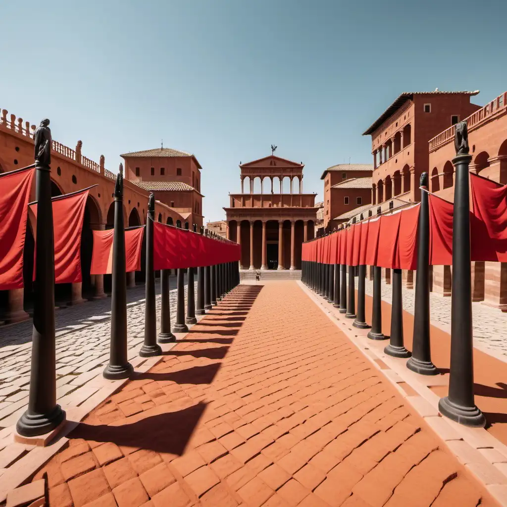 red sand stone city, roman style, black and red flags