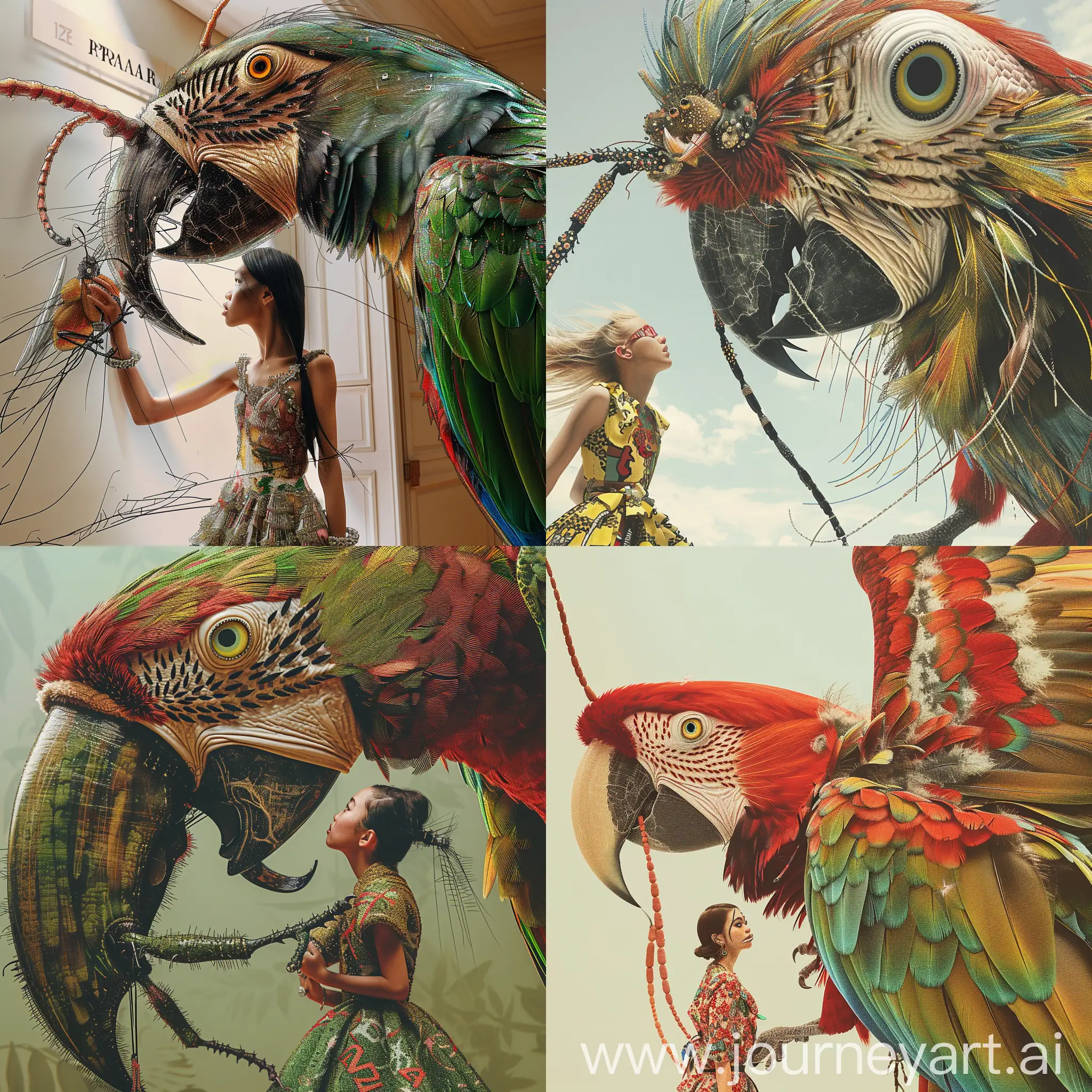 Fashionable-Encounter-PradaClad-Model-and-Towering-Exotic-Parrot-in-Harpers-Bazaar