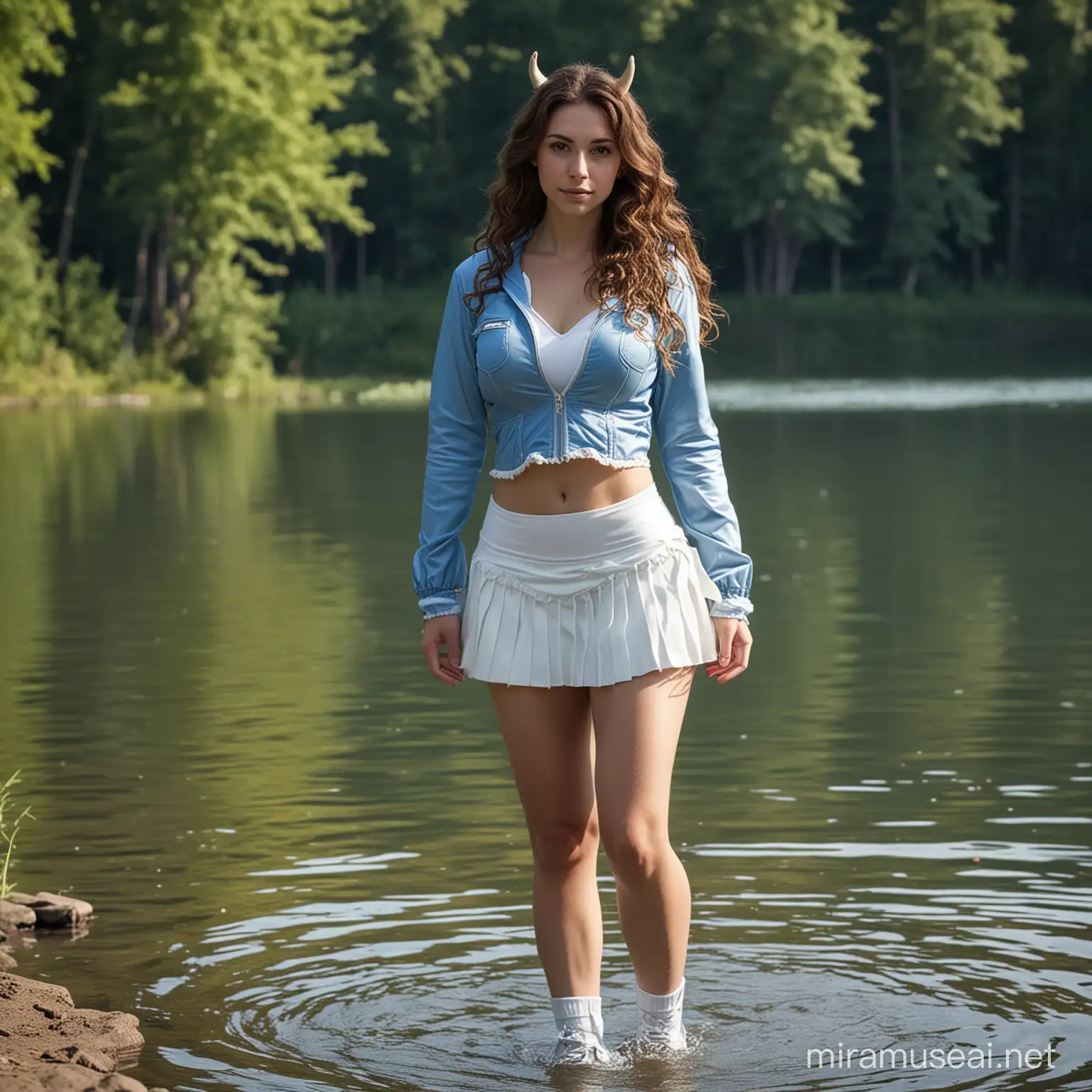 Laure, (perfect (brunette) anthro cow, halfway transformed into a furry cow), standing on all fours in a lake at the shore in shallow water, detailed shiny curly brown hair, intricate soft delicate pretty face, perfect cow nose, cow hooves replaced her hand and feet, arms and legs begin to swell and reshape into cow limbs saggy (udders), perky ((boobs)), ((blue) thin jacket with long sleeves), (black tank top), kinky bdsm lingerie, ((white) tennis skirt), leggings, bdsm atmosphere digital photography, ((full body hero view)), hyper resolution