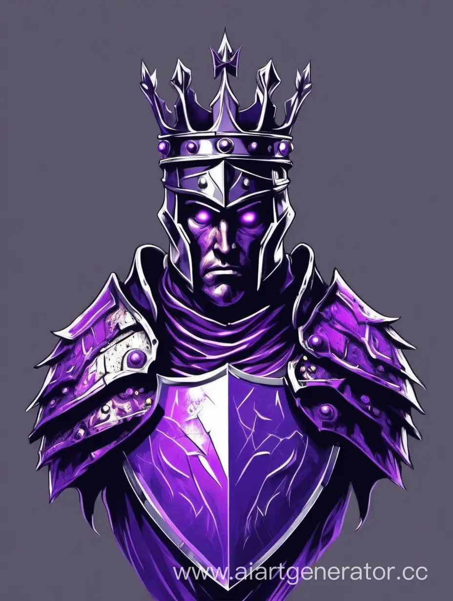 рыцарь без шлема, с короной на голове, в короне фиолетовый камень, фиолетовые светящиеся глаза, серые доспехи