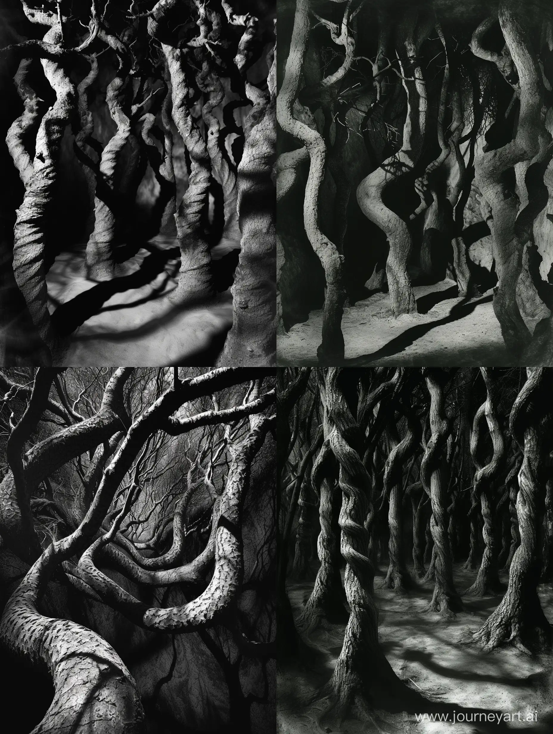 grayscale photo of a dark and foreboding forest, where the trees take on bizarre and distorted forms. Their branches twist and curl in unnatural ways, resembling contorted limbs. Shadows dance and twist, creating an eerie and disorienting play of light and darkness. The composition is fragmented and disjointed, with elements that seem randomly scattered, challenging traditional notions of structure and order. The fusion of horror and Dadaism in this scene invites the viewer into a world of unsettling beauty and irrationality, where the line between fear and fascination blurs. 