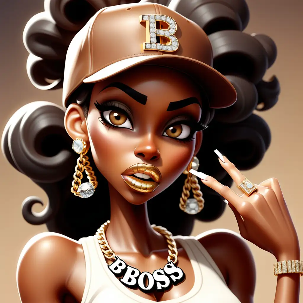 Animated close up face of a pretty dark browned skinned black woman, slanted eyes,   big lips, glam makeup. She is holding two ends of her Diamond encrusted gold necklace that says the exact word "Boss Up" she has long acrylic bling nails, she is wearing a baseball cap.