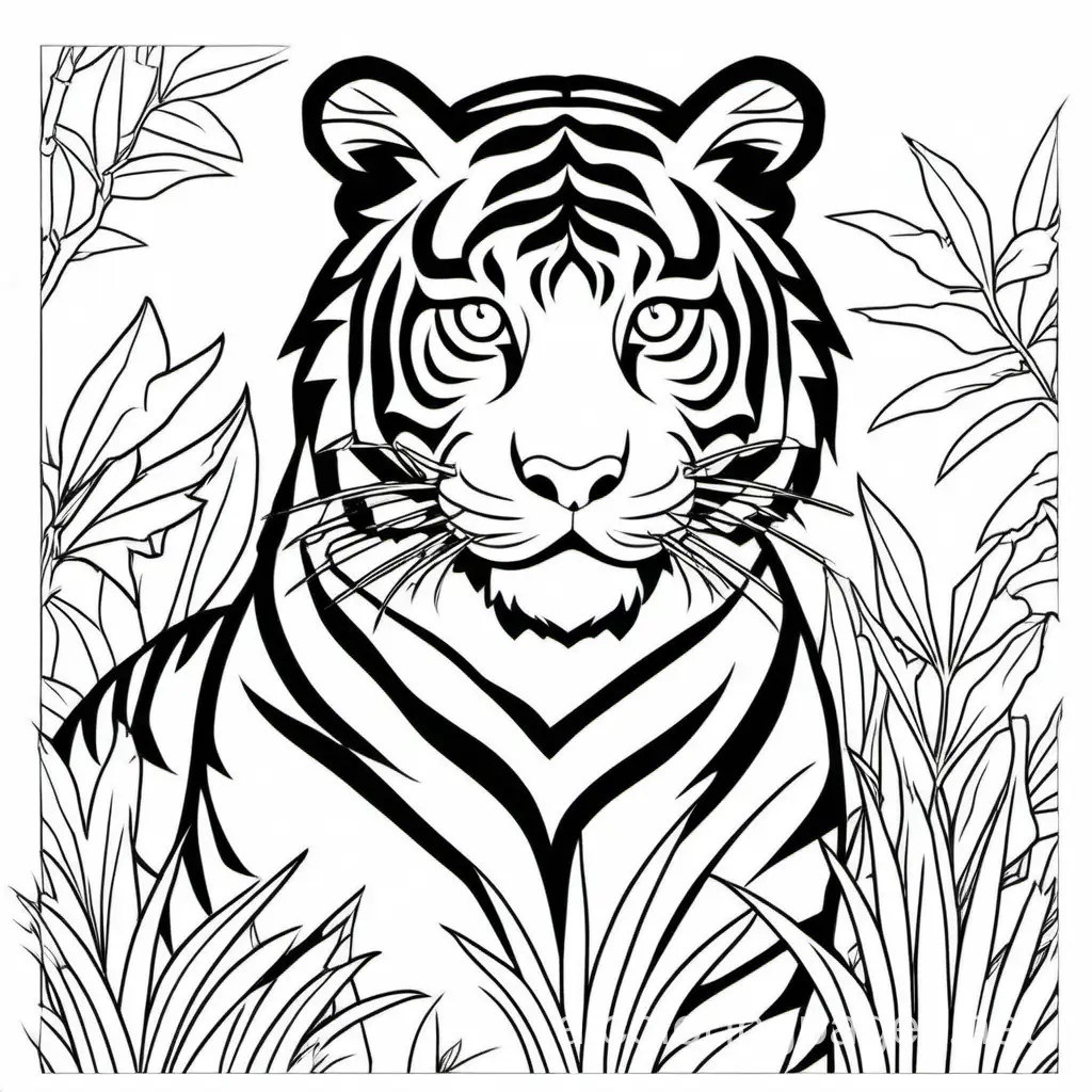 Tiger, Coloring Page, black and white, line art, white background, Simplicity, Ample White Space. The background of the coloring page is plain white to make it easy for young children to color within the lines. The outlines of all the subjects are easy to distinguish, making it simple for kids to color without too much difficulty
