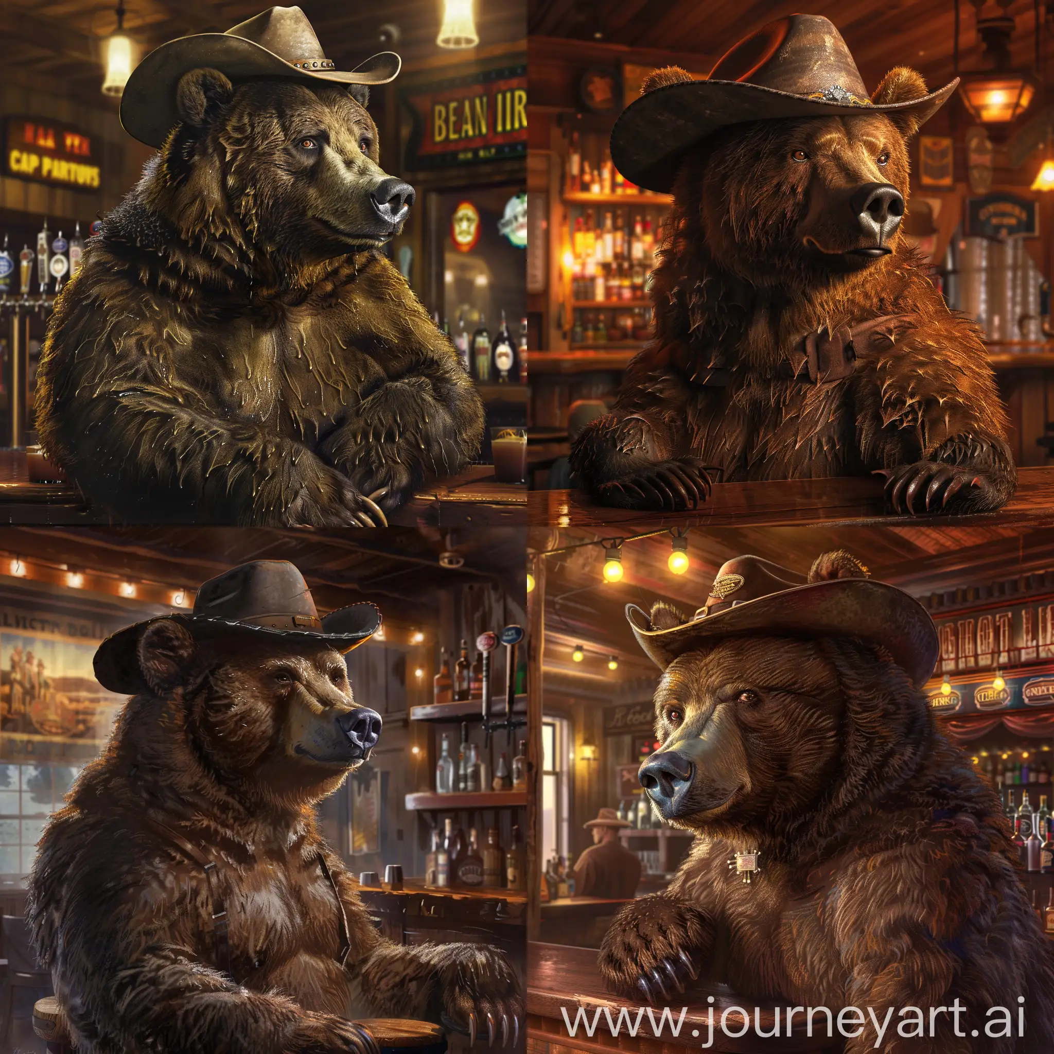 Realistic-Brown-Bear-Wearing-Cowboy-Cap-Inside-American-West-Bar