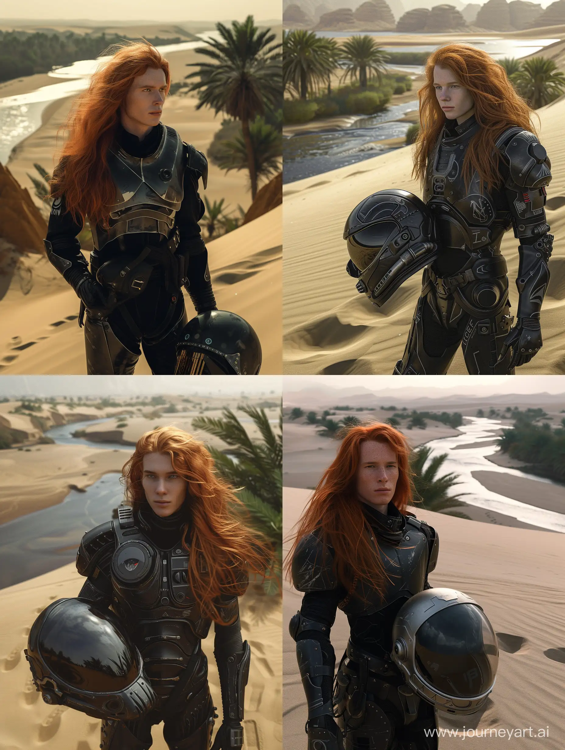 a 18-old-year man in lightweight space protective space armor with a little long red hair in the foreground, He holds the helmet in his hand, large dunes, sand, river and palms in background, beautiful, sharpness, romantic, footprints in the sand, , fantastic, photography, close-up, hyper detailed, trending on artstation, sharp focus, studio photo, intricate details, highly detailed, in the style of black and dark silver, y2k aesthetic, soft, dream-like quality, princecore, smooth and shiny, pensive poses, precise detailing