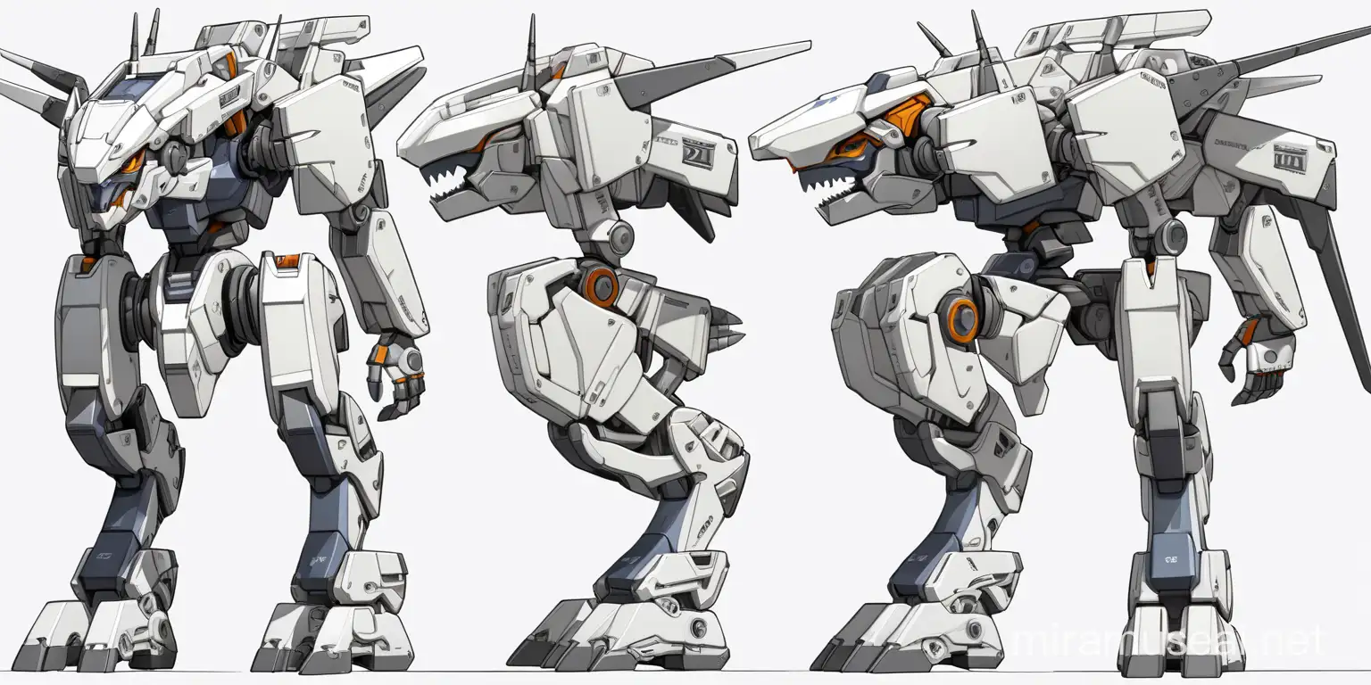 character sheet, orthographic, zoid, mech, four legs, modeling reference, multiple views, facing the camera, facing the left of the camera, facing away from the camera, no shadows