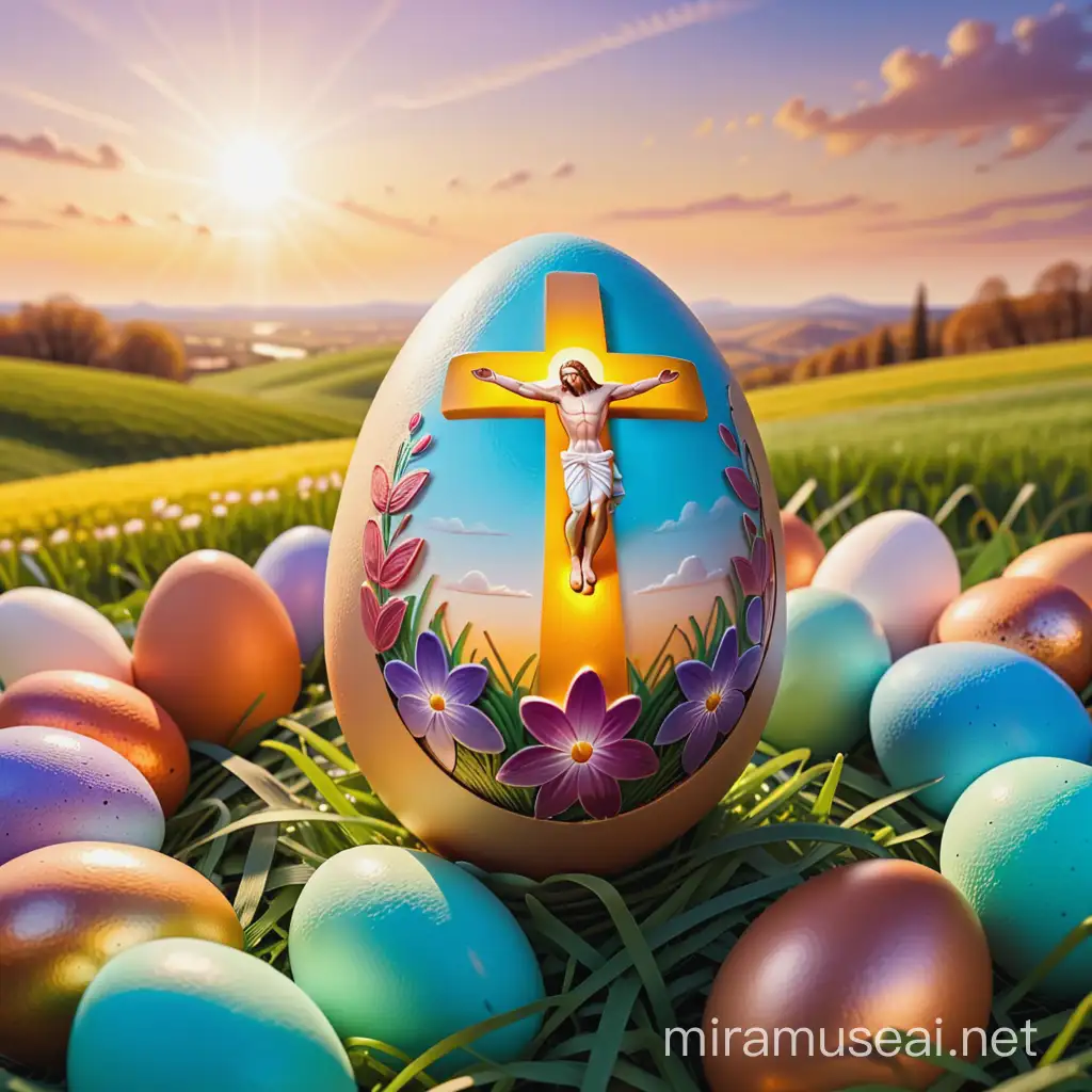 Eastern egg is on spring meadow covered with various colored eggs. There is picture of crossed Jesus on surface of eastern egg. Backround is on golden sunset atmosphere .