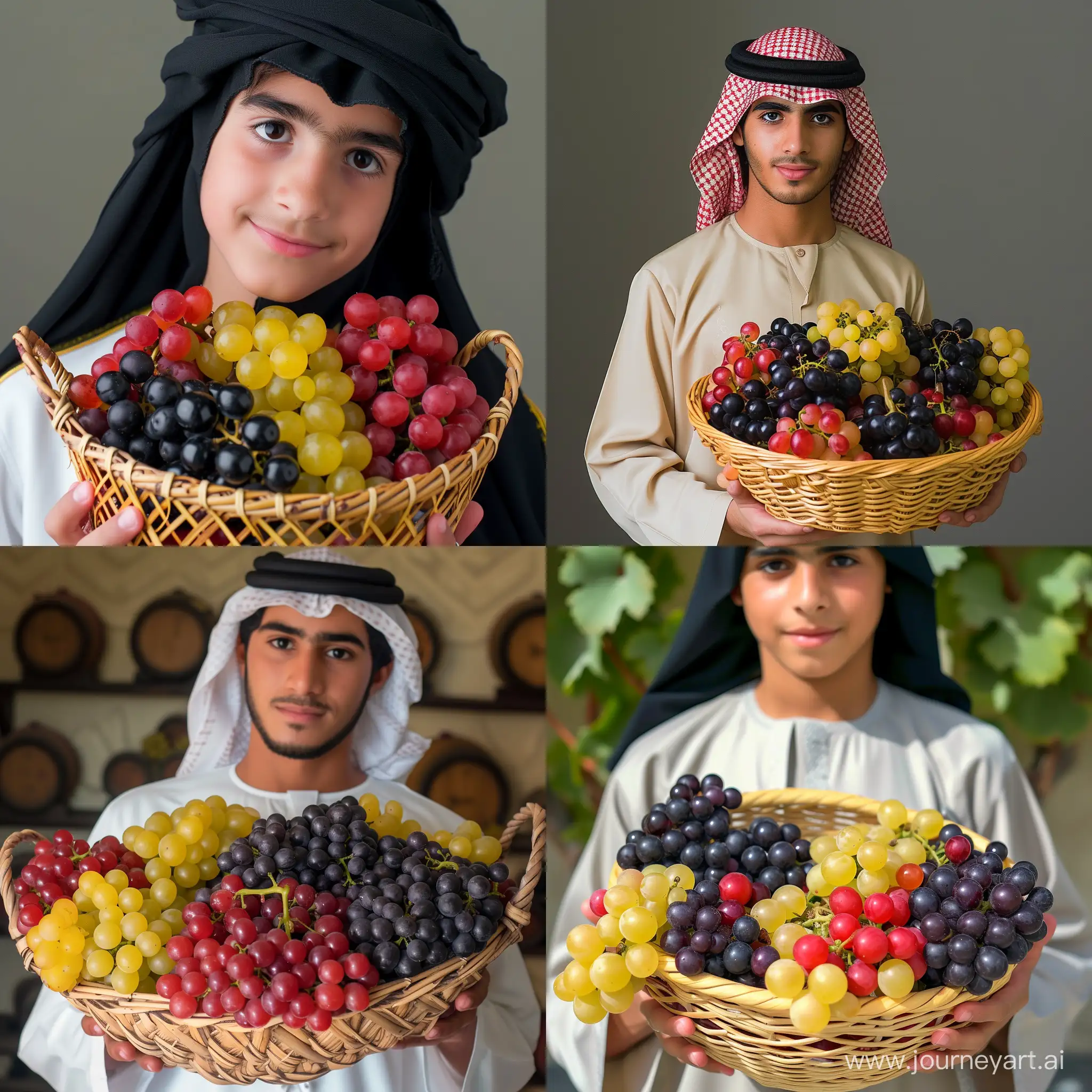 Real and natural photo of a man in Arabic dress holding a basket of grapes. Full details of the grape basket and the young man's face. The grape basket is in the middle of the picture. Red, yellow, black and green grapes.