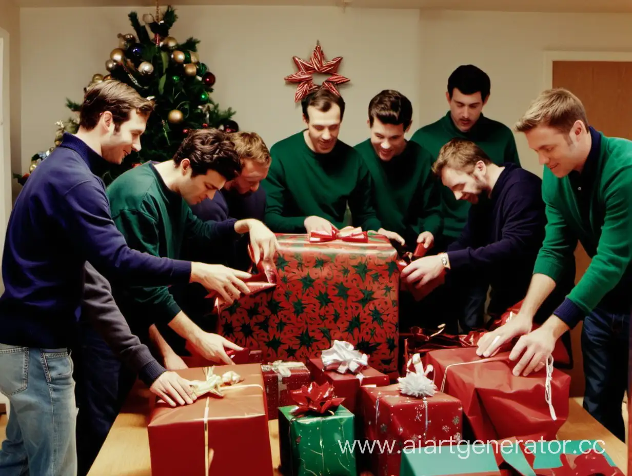 9 men in the Christmas room unwrapping presents