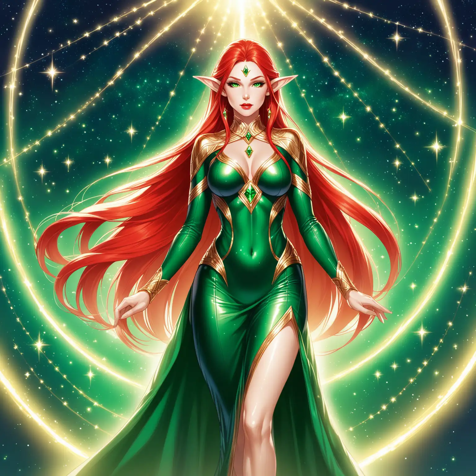 1 elf woman. She is the goddess of the elves and she is a warrior. She is extremely beautiful and mature. She is 60 years old. She has very long straight red hair. She is wearing makeup and shiny red lipstick. She is elegant and regal. She has medium tits and is physically fit. She is wearing a hunter green long latex dress and high heels. She is wearing gold Jewelry with emeralds. She has a serious expression and looks powerful. She does not look young. She is in the elven heaven with stars and magic in the background. She does not look young and looks mature.