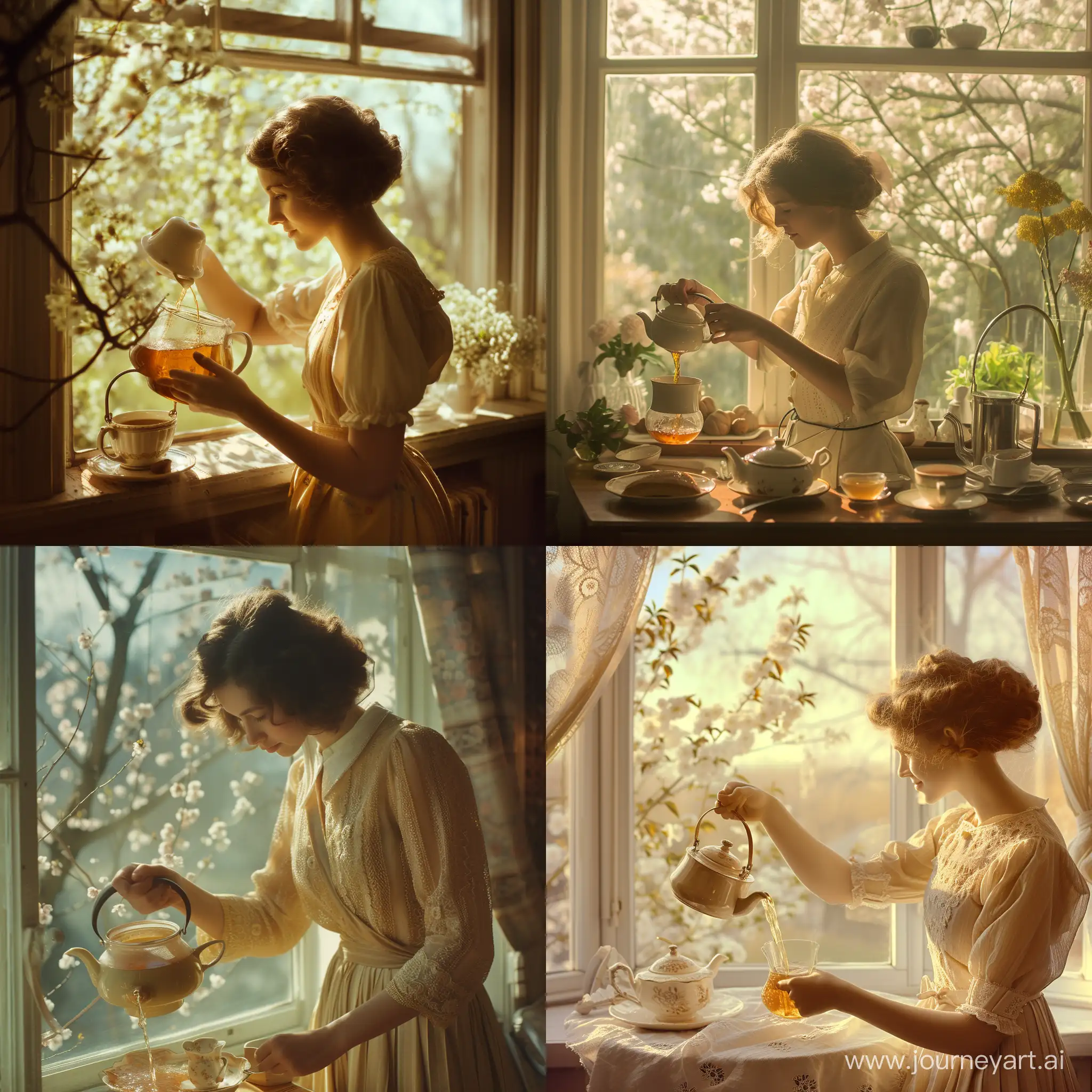 In a vintage atmosphere, a French citizen of the 30s was pouring tea from a teapot. A warm morning atmosphere, where the sun shone and the trees bloomed outside the window
