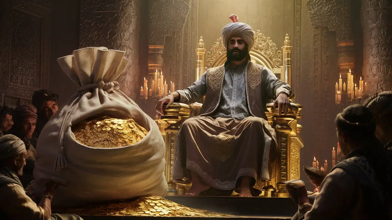 Arab king sitting on the throne and a large bag of gold coins around him