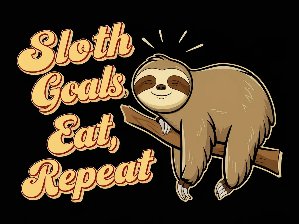 Sloth 2D flat illustration t-shirt design with text saying "Sloth Goals: Nap, Eat, Repeat" in the style of Retro Pop Art.