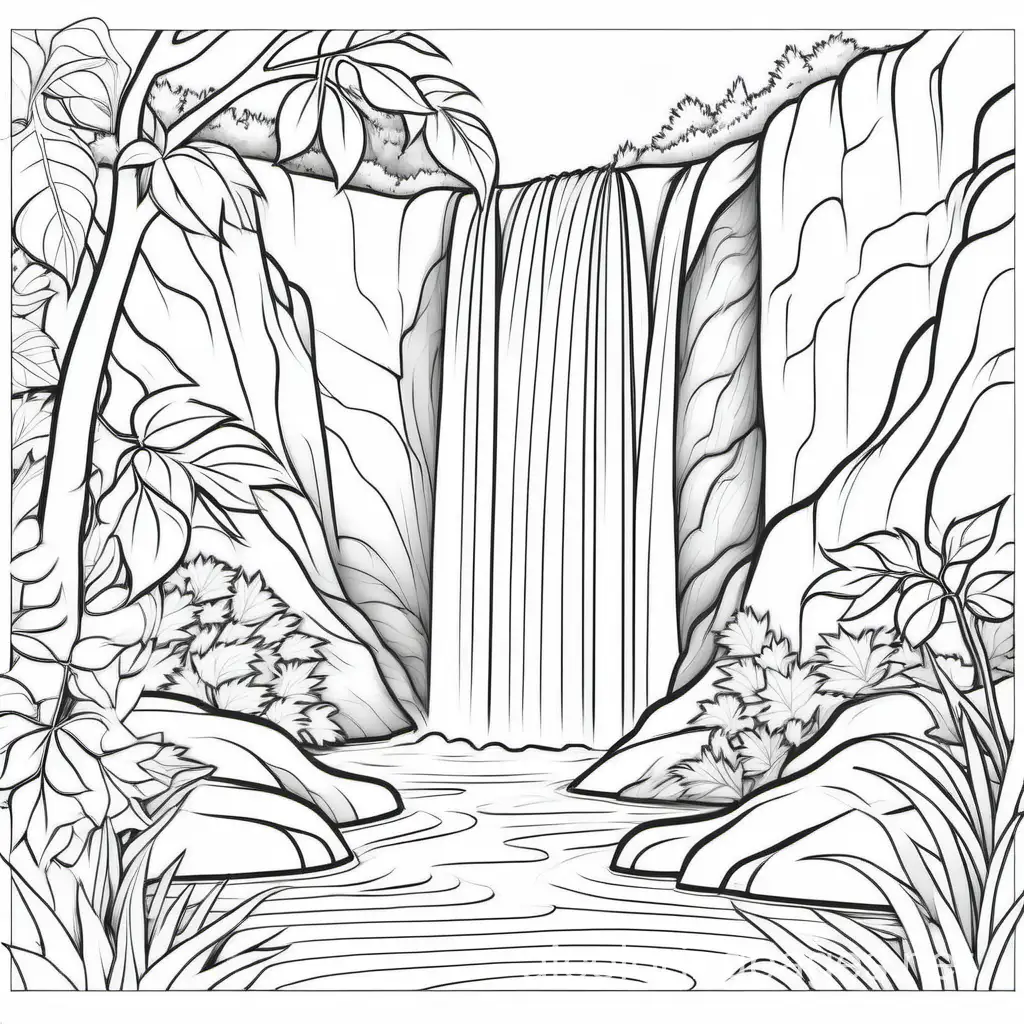 Enchanting Waterfall Amidst Lush Greenery. The background of the coloring page is plain white to make it easy for young and adult   to color within the lines. The outlines of all the subjects are easy to distinguish, making it simple for color without too much difficulty, Coloring Page, black and white, line art, white background, Simplicity, Ample White Space. The background of the coloring page is plain white to make it easy for young children to color within the lines. The outlines of all the subjects are easy to distinguish, making it simple for kids to color without too much difficulty