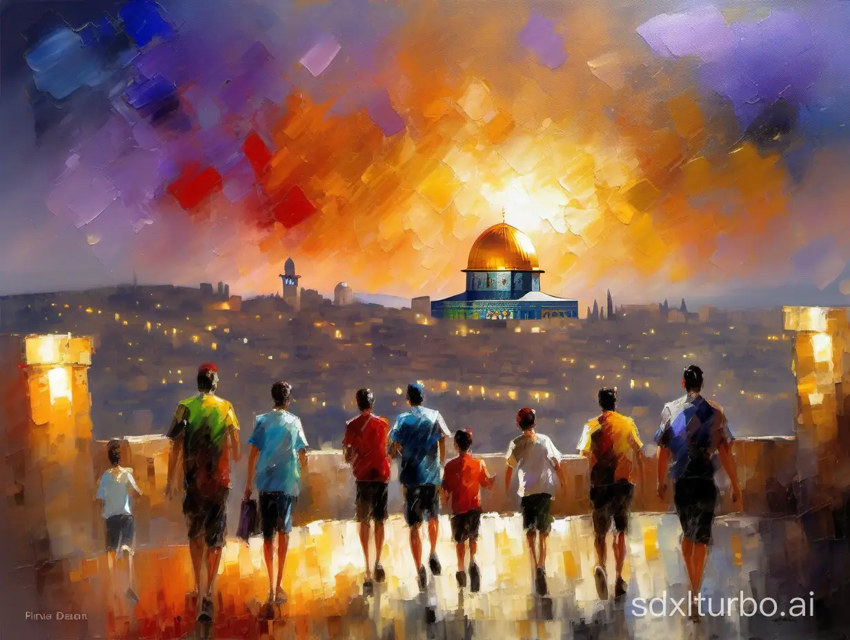 an impressionistic painting of the city of Jerusalem in Israel at dusk during the summertime. It shows buildings with lights, tourists in shorts, and people walking, a distant view of the dome of the rock, and nice gold. beautiful painting in the style of Pino Daeni. Nice brushstrokes and irregular palette knife strokes. Cinematic lighting.