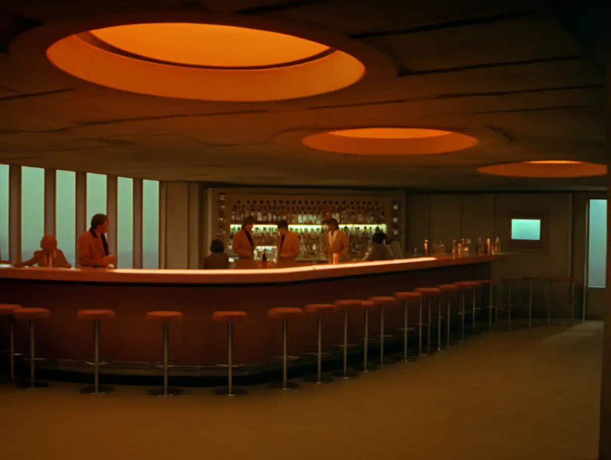 footage from 1975 sci-fi film, brutalist architecture, bar scene, orange lit
