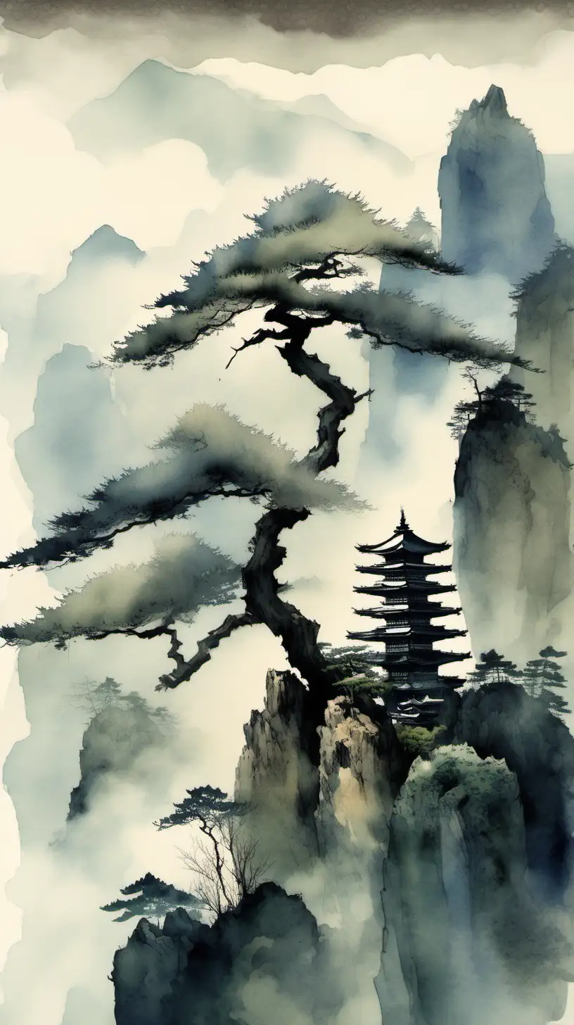 A zen image in the style of japanese watercolour, giant tree on tall cliff mountains and mist