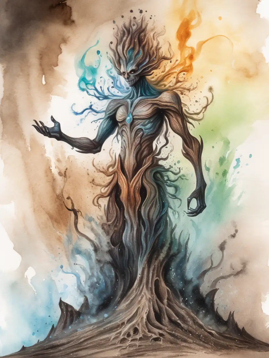 fantasy elemental being made from dirt, dark watercolor background, no background
