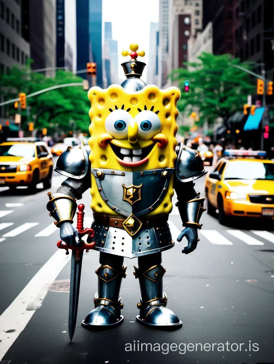 Sponge Bob Square Pants wearing knights armor on patrol in the streets of New York City