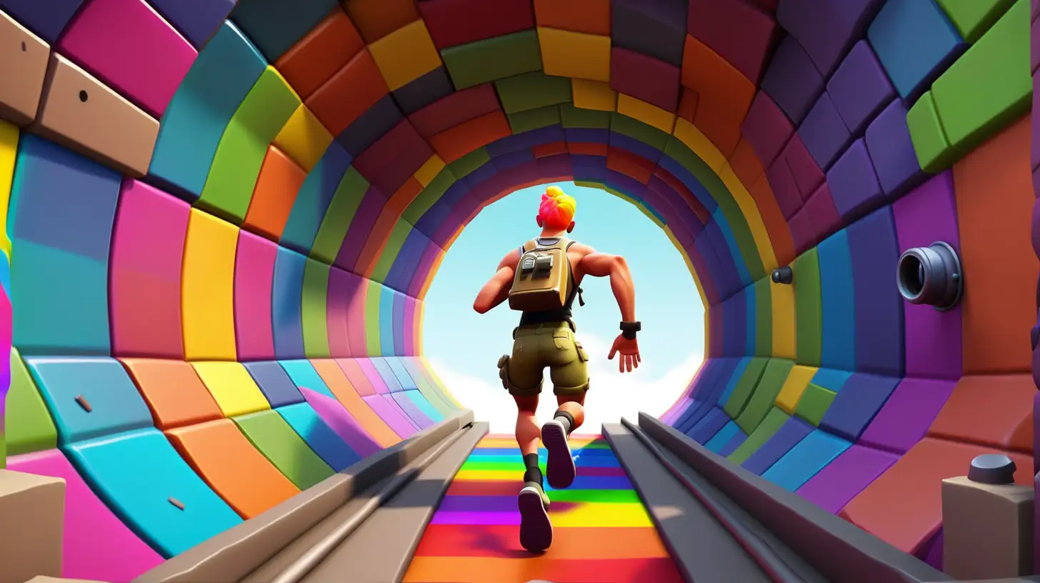 3d cartoon fortnite man running down a rainbow deathrun tunnel camera looking from front 
