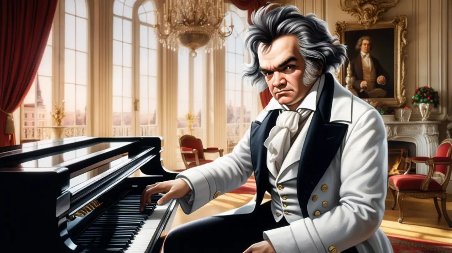 Бетховен играет на рояле в праздничном фраке и белой рубашке. На фоне красивой комнаты