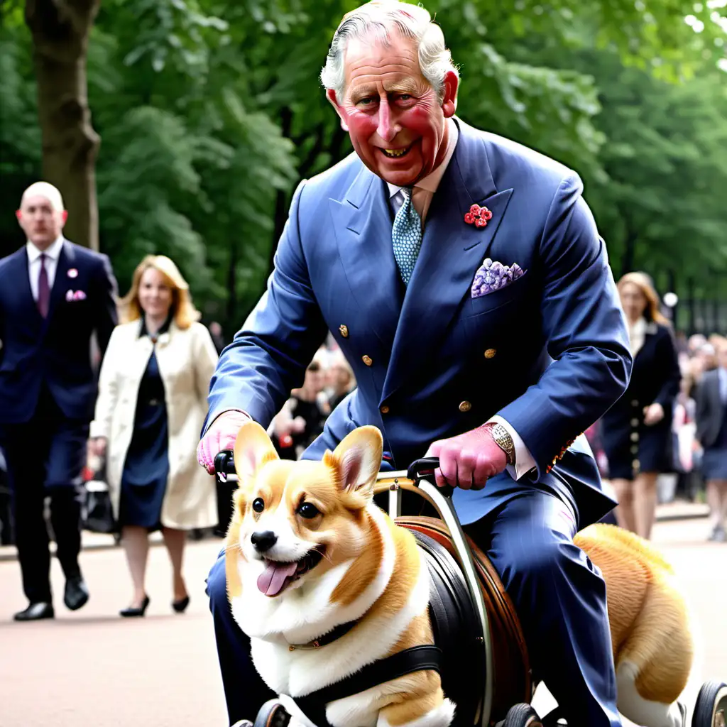 Prince Charles riding a corgi down the Mall in London 