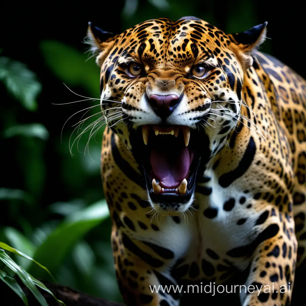 Pum, jaguar, only head and face, roaring in darknes of the jungle
