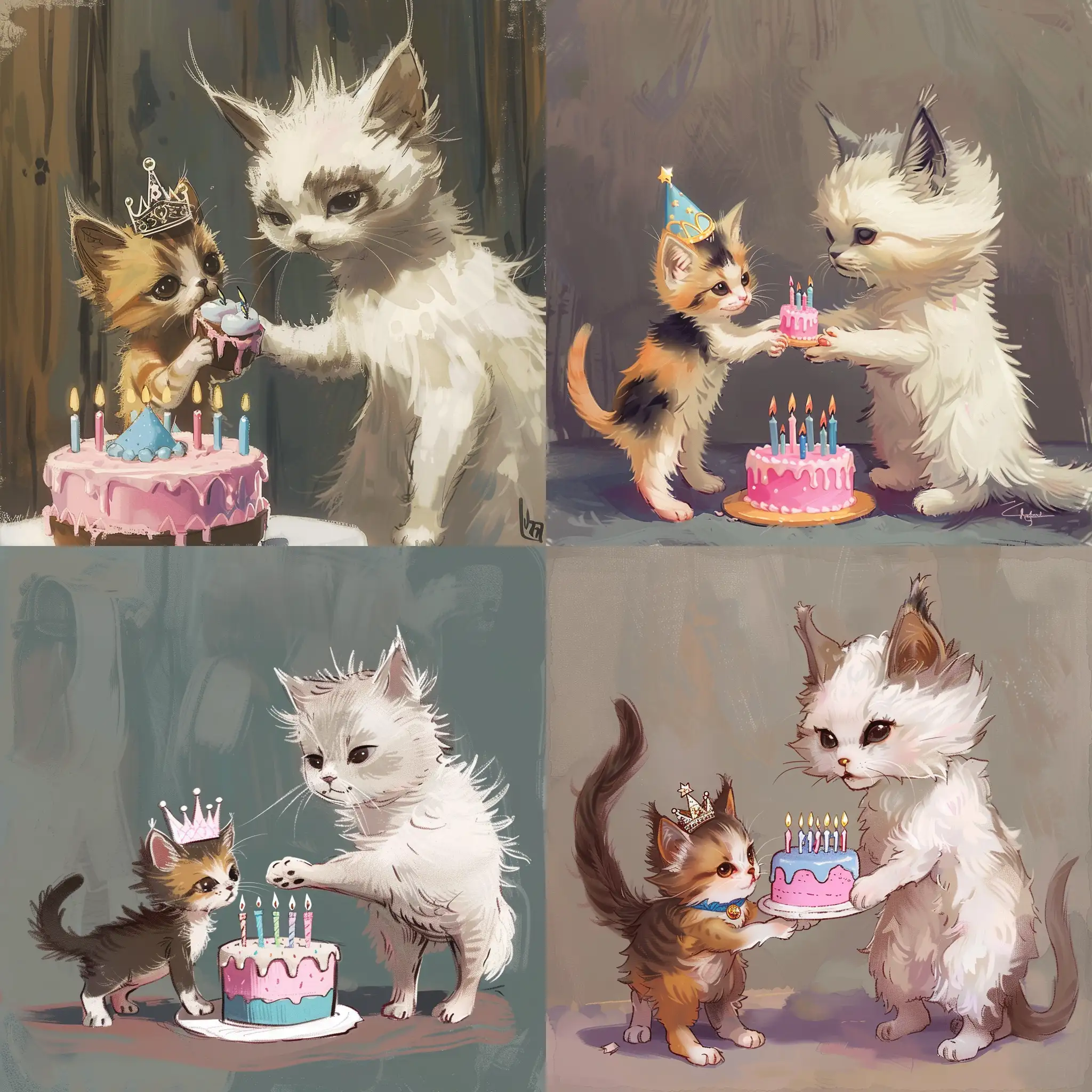 small calico kitten wearing a tiara. a 
larger Norweigan forest cat is handing her a pink and blue birthday cake with candles on it. The Norwigan forest cat is white and grey. style is anime