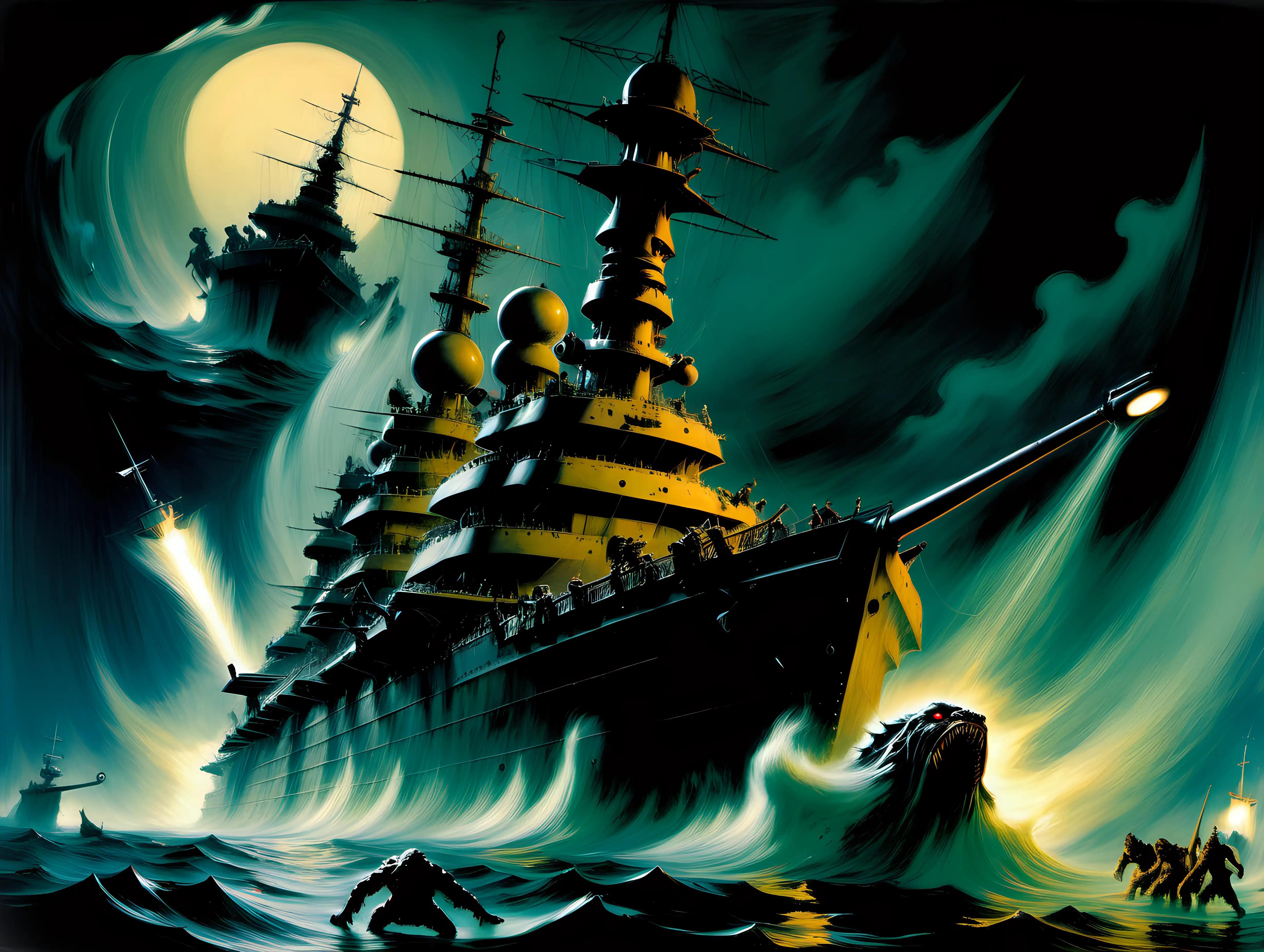 Monsters sinking a battleship at night Frank Frazetta style