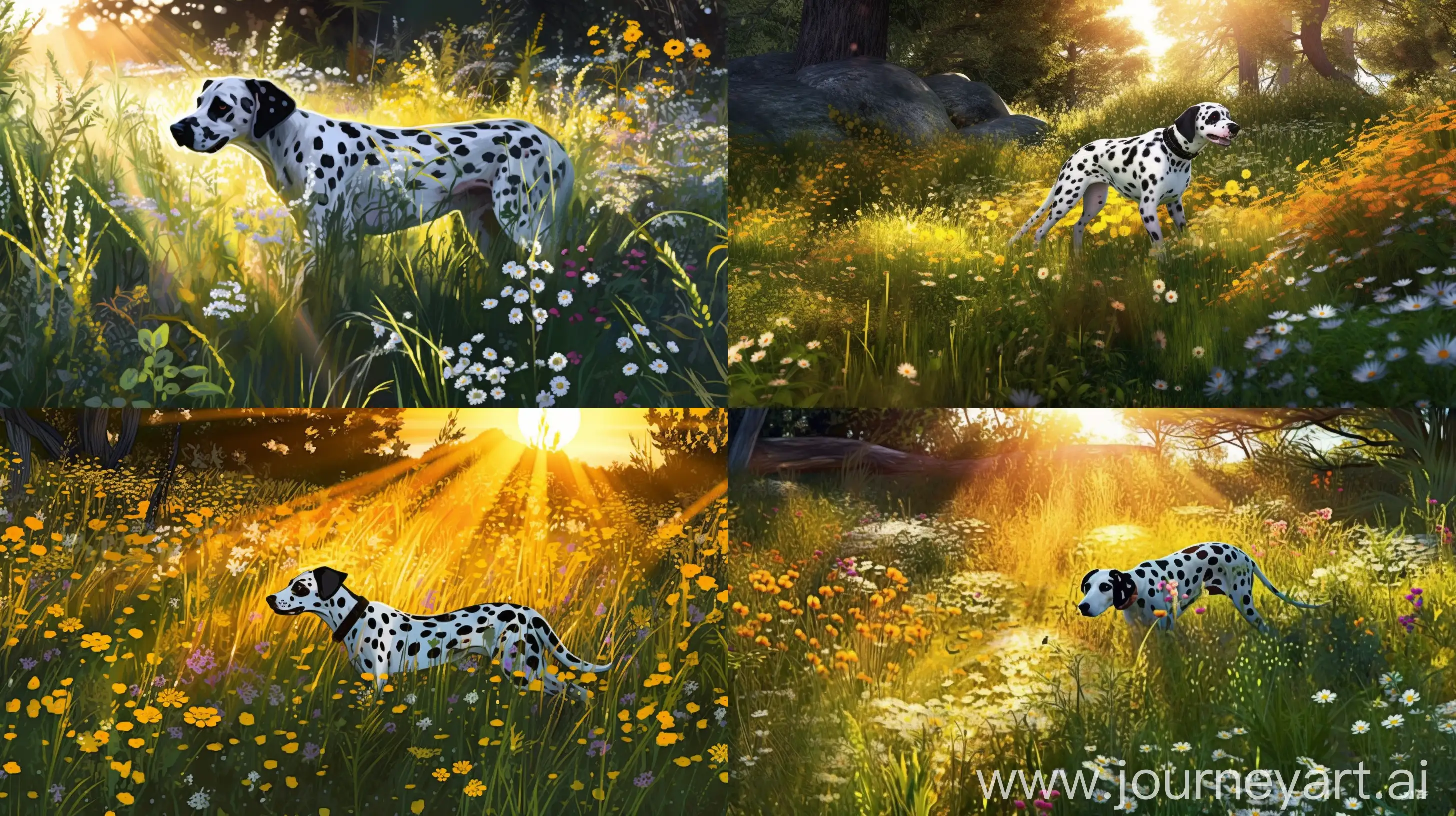 A playful Dalmatian frolicking in a vibrant meadow filled with wildflowers, sunlight streaming through the trees, creating a dappled effect on the grass, showcasing the dog's energetic demeanor and distinctive spots, Illustration, digital art, --ar 16:9 --v 5