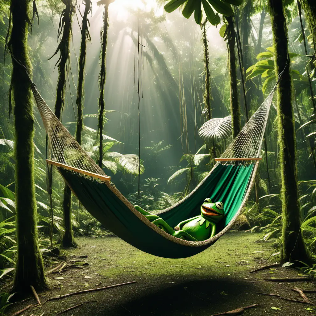 a thriving amazon rainforest with a hammock strung between two trees and Pepe the frog lounging in it