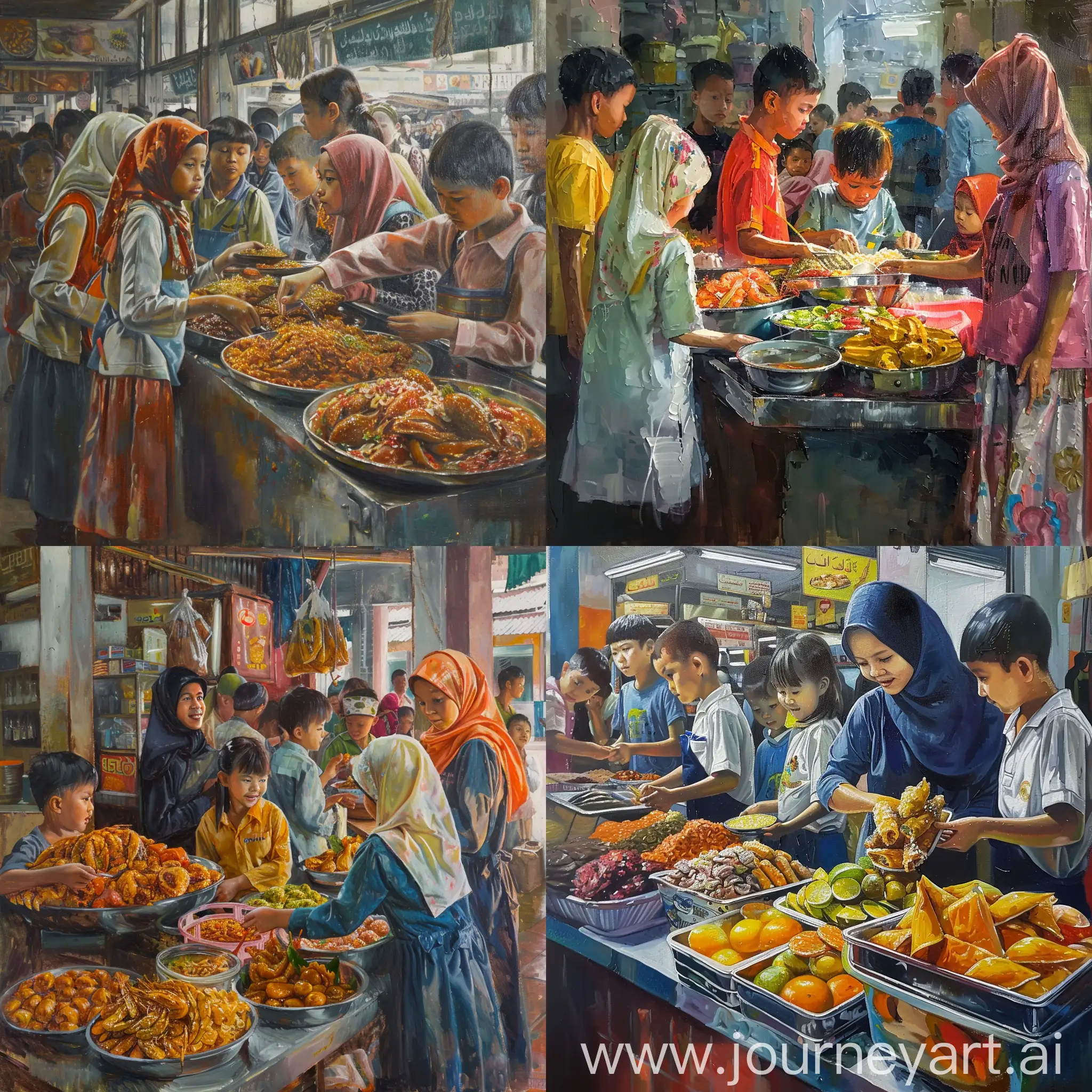 Malay-Islamic-Primary-School-Children-Buying-Food-in-Crowded-Canteen