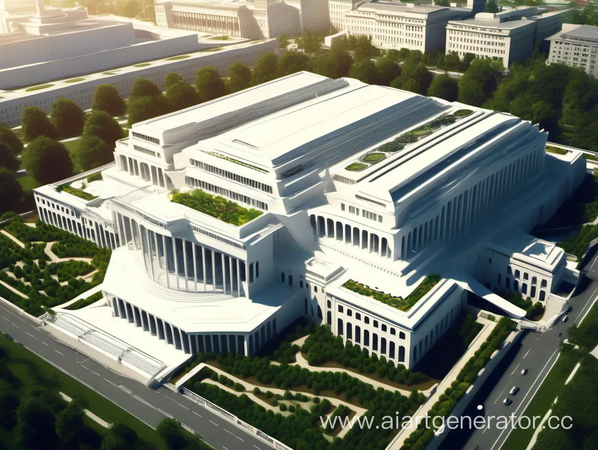 Futuristic-White-HouseInspired-Parliament-Building-with-Techno-Style-and-Lush-Plant-Decor