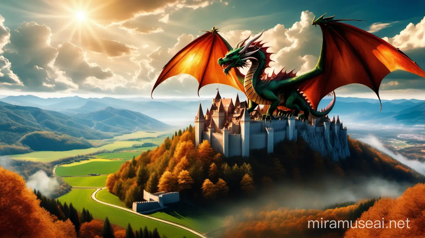 Dragon flying in the sky over a beautiful landscape of fields and forests with secluded villages and a faraway castle built on top of  a mountain, all standing majestic in the light of the noon sun.