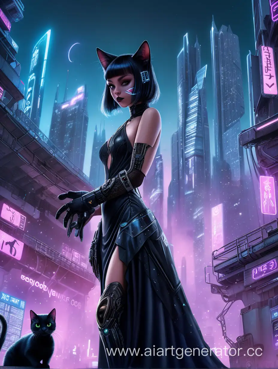 Девушка с мордой черной кошки в вечернем платье на фоне киберпанк города