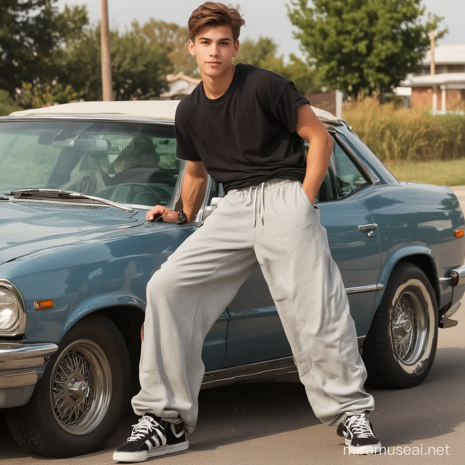 Stylish Teen Posing by Car in Oversized Pants