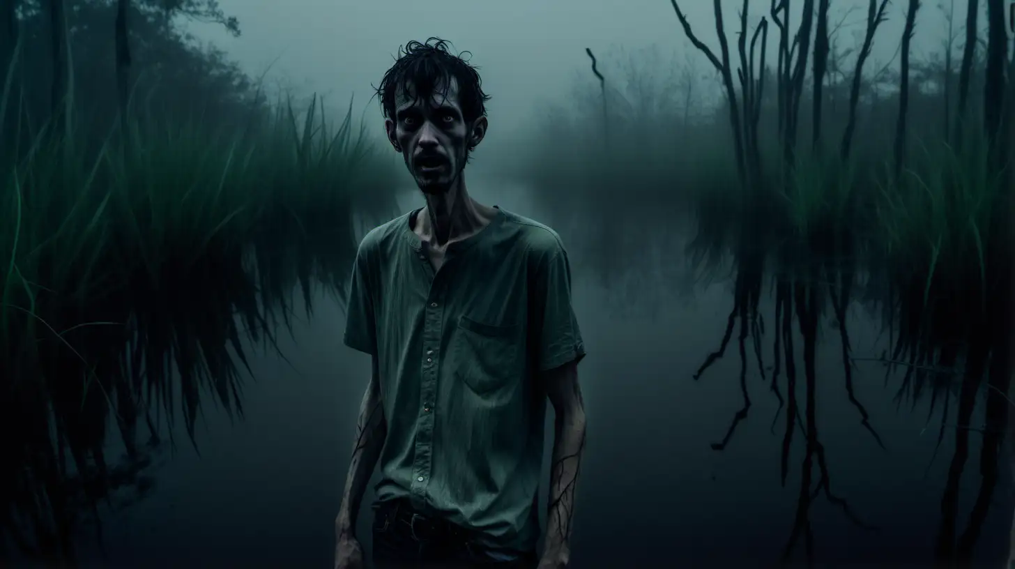  a skinny wiry-looking pathetic loser guy with a shirt on in a swampy bayou during a foggy night.