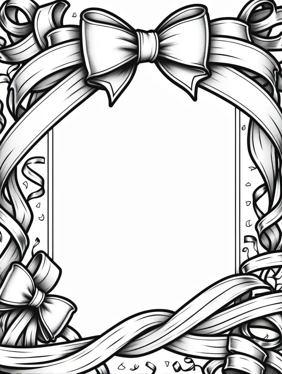 bows and ribbons themed photo frame background coloring book, black and white, line art, thick black lines