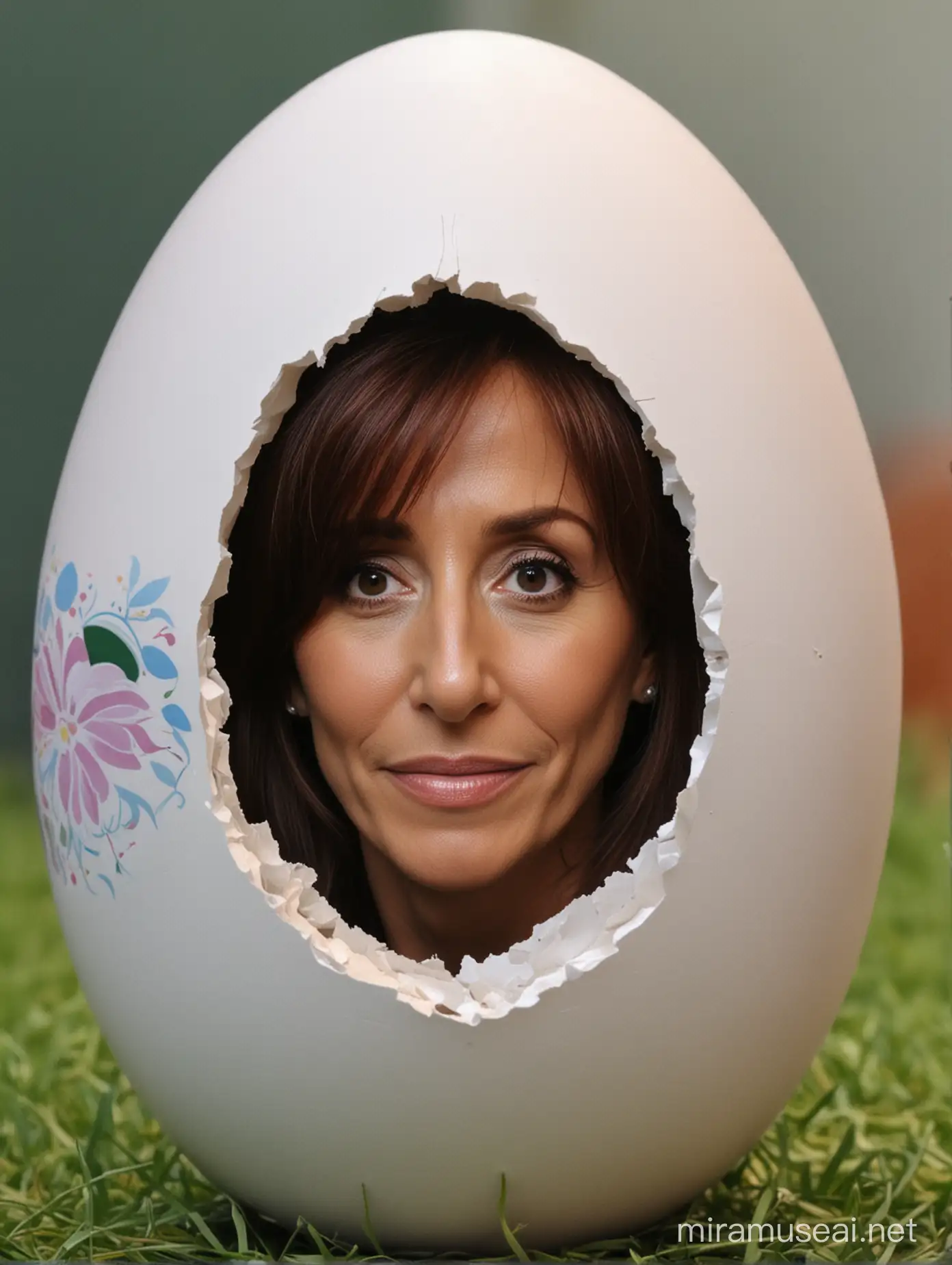 Cristina Fernandez de kirchner asomando desde dentro de un huevo de pascua