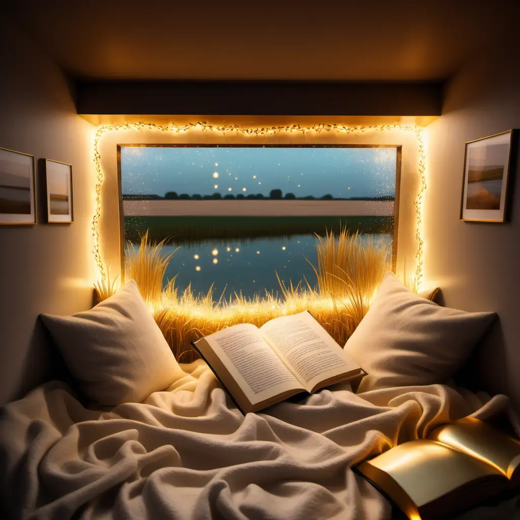 Tranquil Waterside Reading Nook with Celestial Illumination