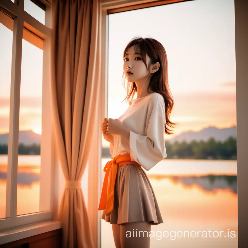a Japanese natural slender female perfect grammar, dressing room her clothes on scene, view sunrise lake window, mocha white, orange, glamorous feminine forward stomach soft, glimpsing, kawaii
