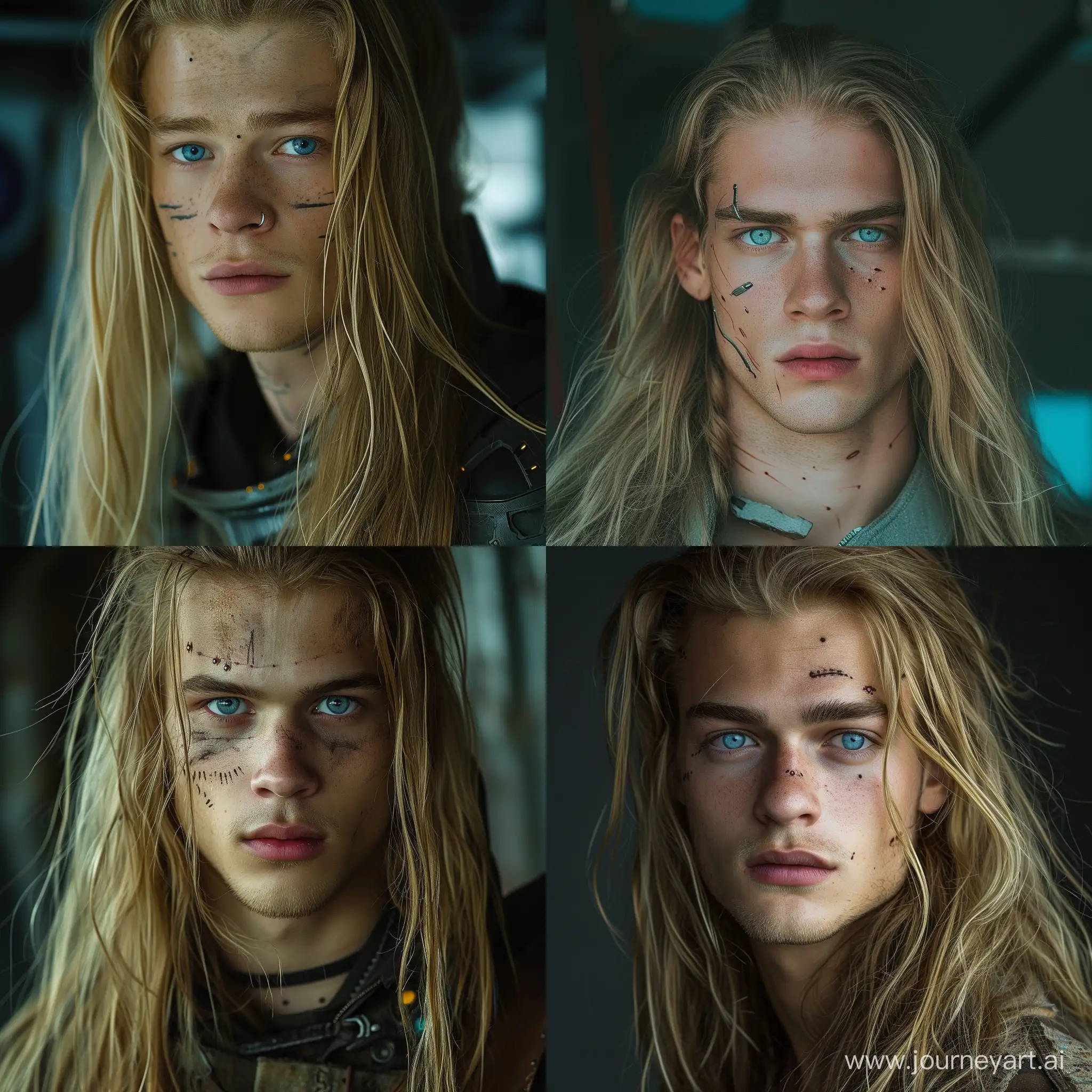 a young man of twenty-seven years old, with long blond hair and blue eyes, has light stubble, is dressed in cyberpunk clothes, has several scars on his face