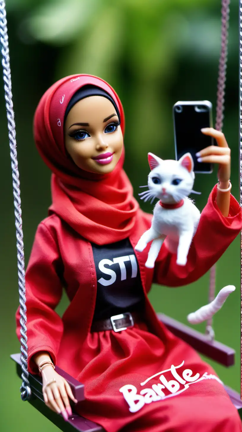 Muslim woman Barbie. Red shirt with Siti written on it, red headscarf, taking a selfie on a swing with a cat